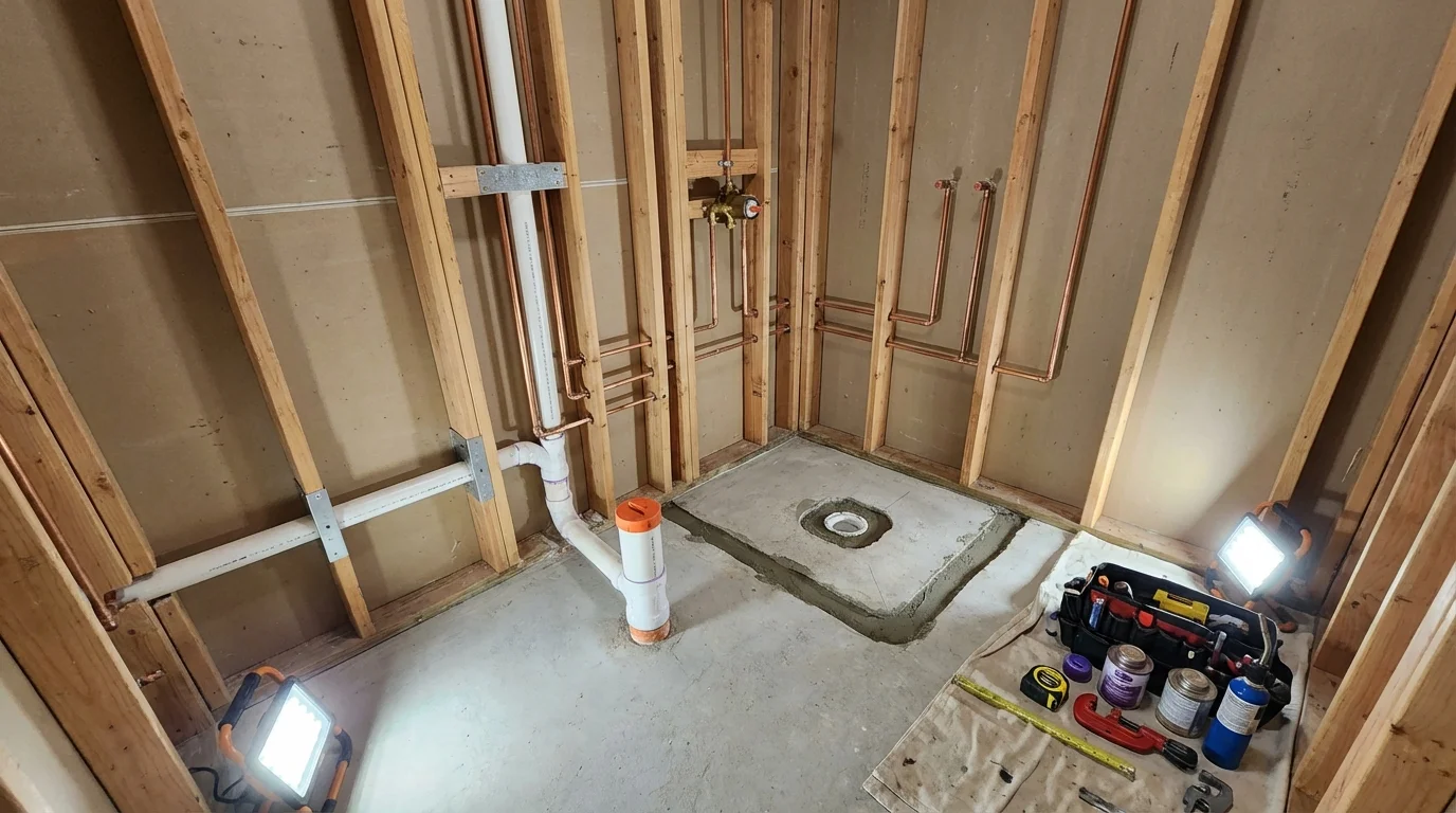 Bathroom rough-in plumbing during remodel by Johns Plumbing LLC in Camp Hill