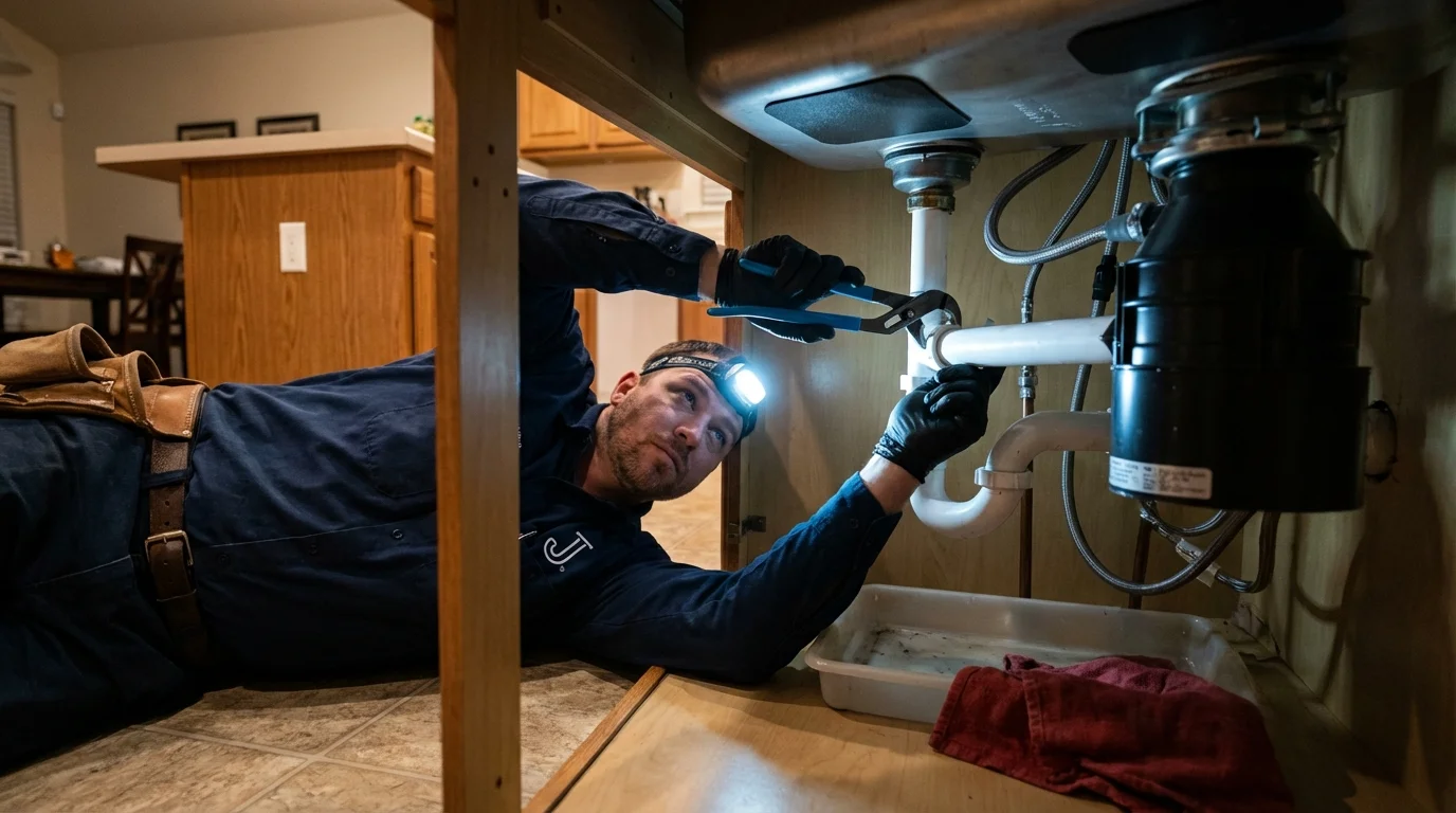 P-trap and supply line connections under a kitchen sink showing a common leak point in Camp Hill, PA